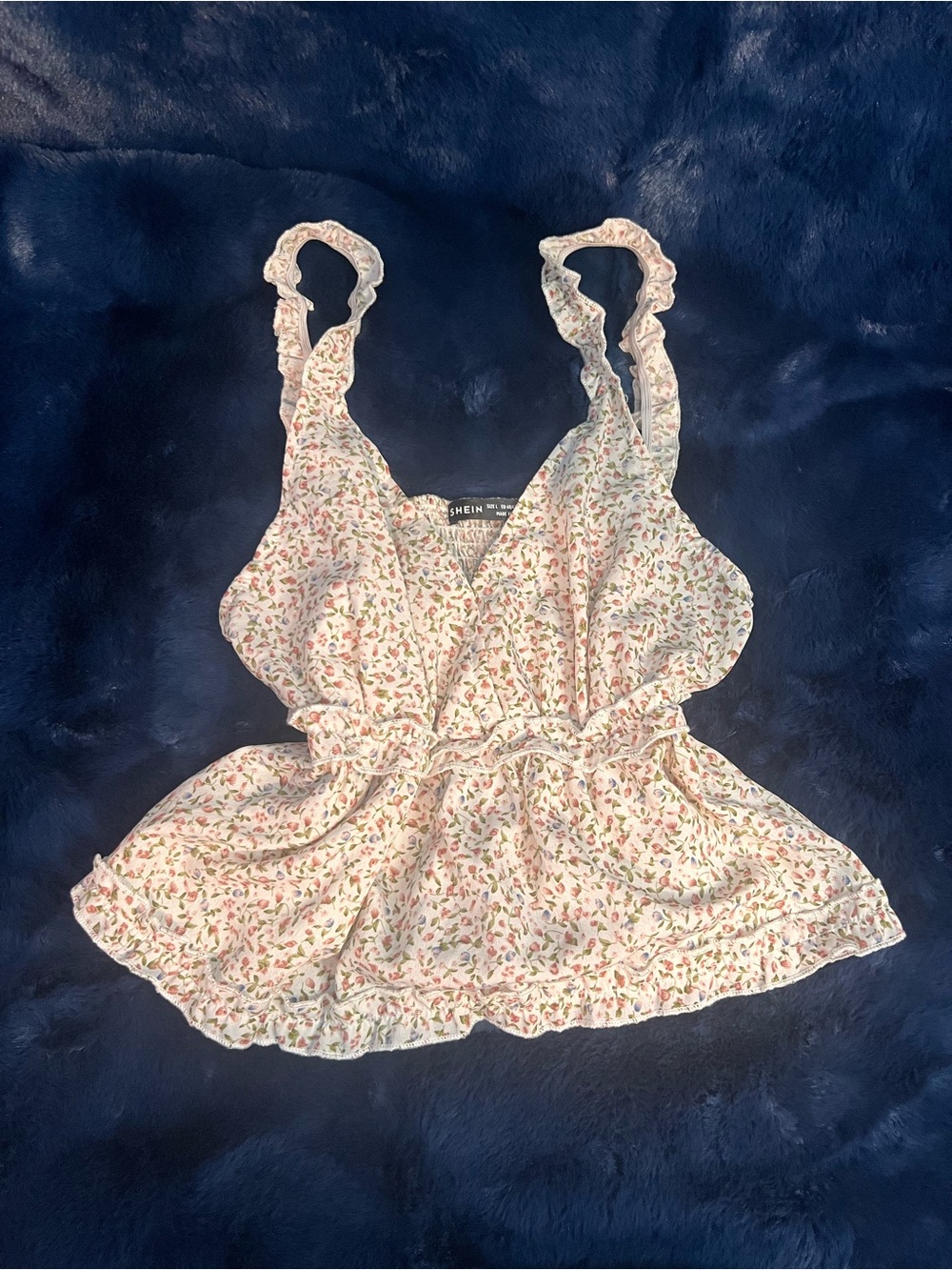 SHEIN Cream Floral Ruffle Camisole with Pink & Green Print - Picture 1 of 2